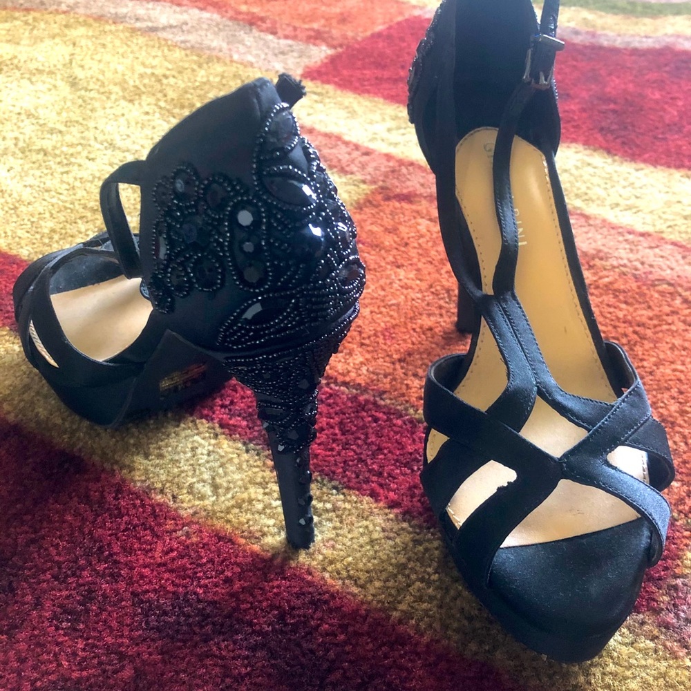 Beaded Heel Black Satin Shoes